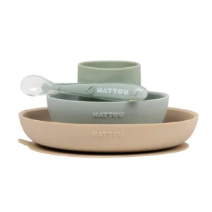 Set vaisselle enfant 4 pièces silicone - sable/vert