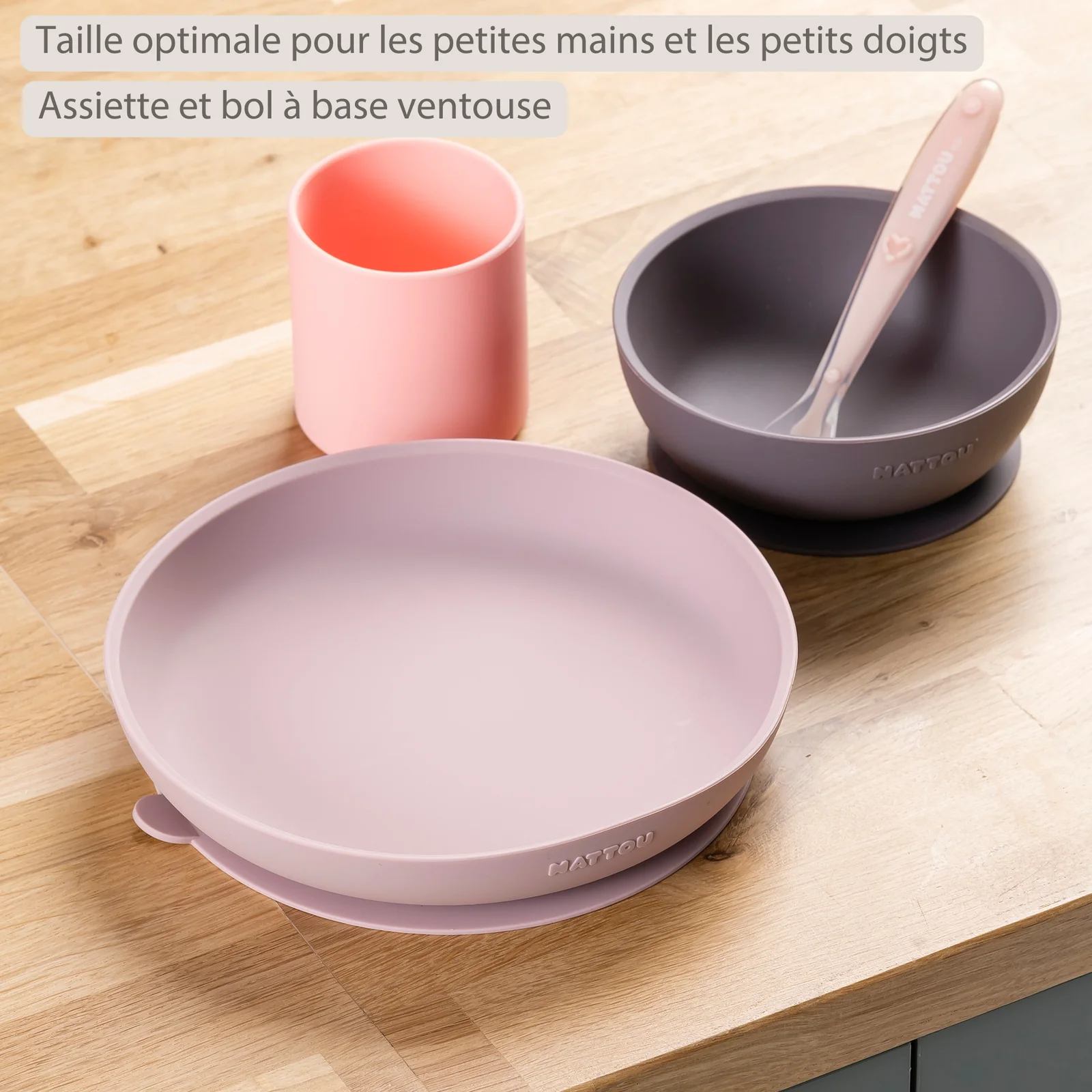 Set vaisselle enfant 4 pièces silicone - rose/aubergine – Image 2