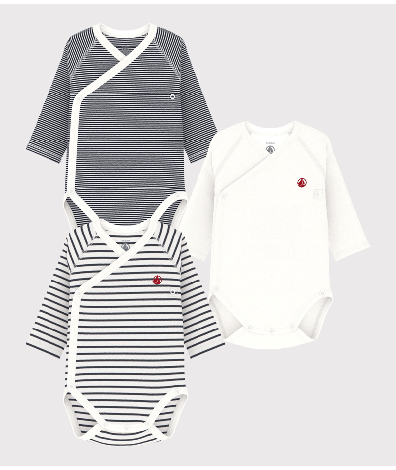 Lot de 3 bodies croisés manches longues en coton bébé - Petit Bateau - Taille 1 mois