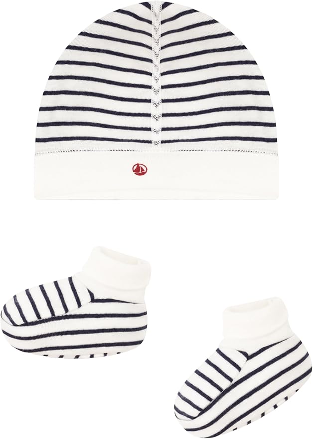 Lot de bonnet et chausson bébé en coton marinière - Petit Bateau - Taille naissance