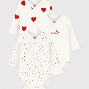 Lot de 3 bodies croisés coeur rouge manches longues bébé - Petit Bateau - Taille 1 mois