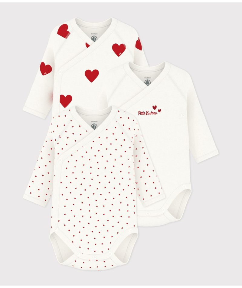 Lot de 3 bodies croisés coeur rouge manches longues bébé - Petit Bateau - 6 mois