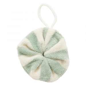 Fleur de douche enfant en éponge bambou rayée ivoire et vert de gris