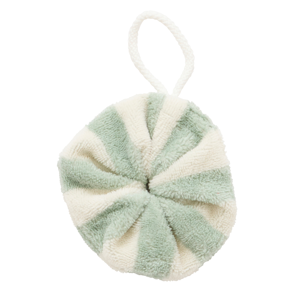 Fleur de douche enfant en éponge bambou rayée ivoire et vert de gris