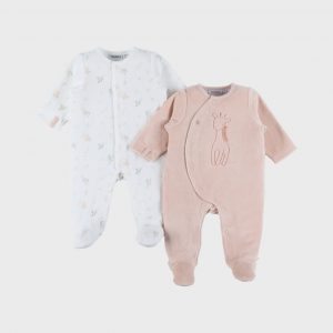 Noukie's Lot de 2 pyjamas bébé velours Taille 3 mois Rose et Fleurs