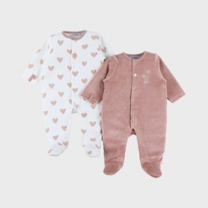 Noukie's Lot de 2 pyjamas bébé velours Taille 3 mois Rose et Coeurs