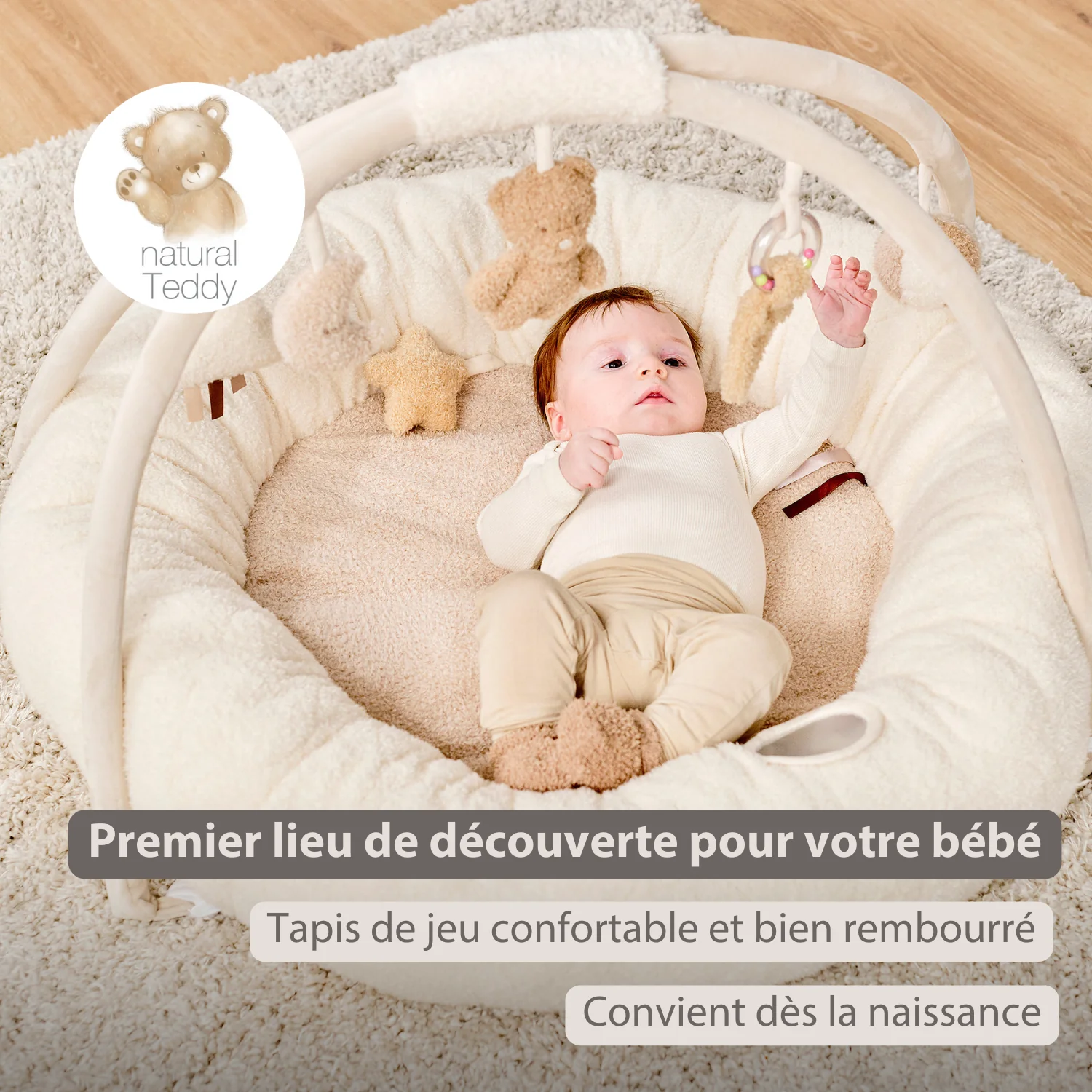 Nattou tapis d'éveil avec arche de jeu en teddy 90 x 90 cm Ecru – Image 2