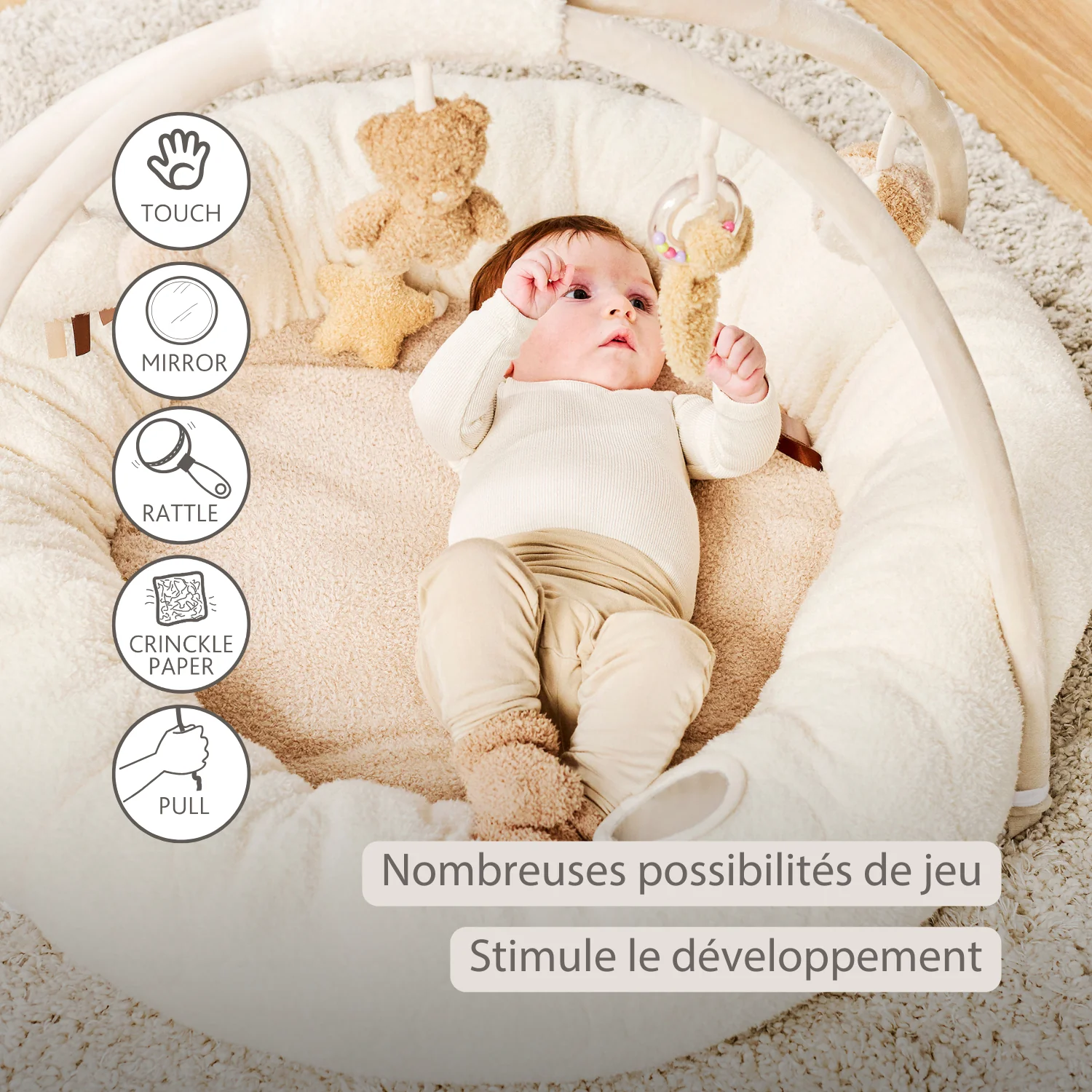 Nattou tapis d'éveil avec arche de jeu en teddy 90 x 90 cm Ecru – Image 3