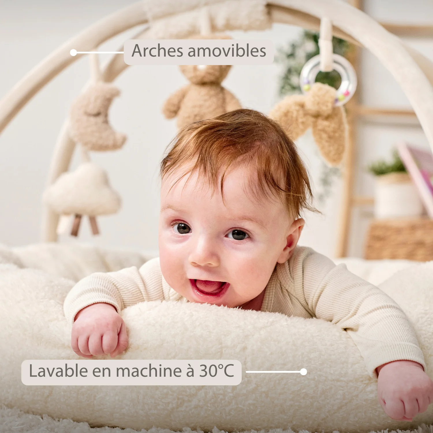 Nattou tapis d'éveil avec arche de jeu en teddy 90 x 90 cm Ecru – Image 4
