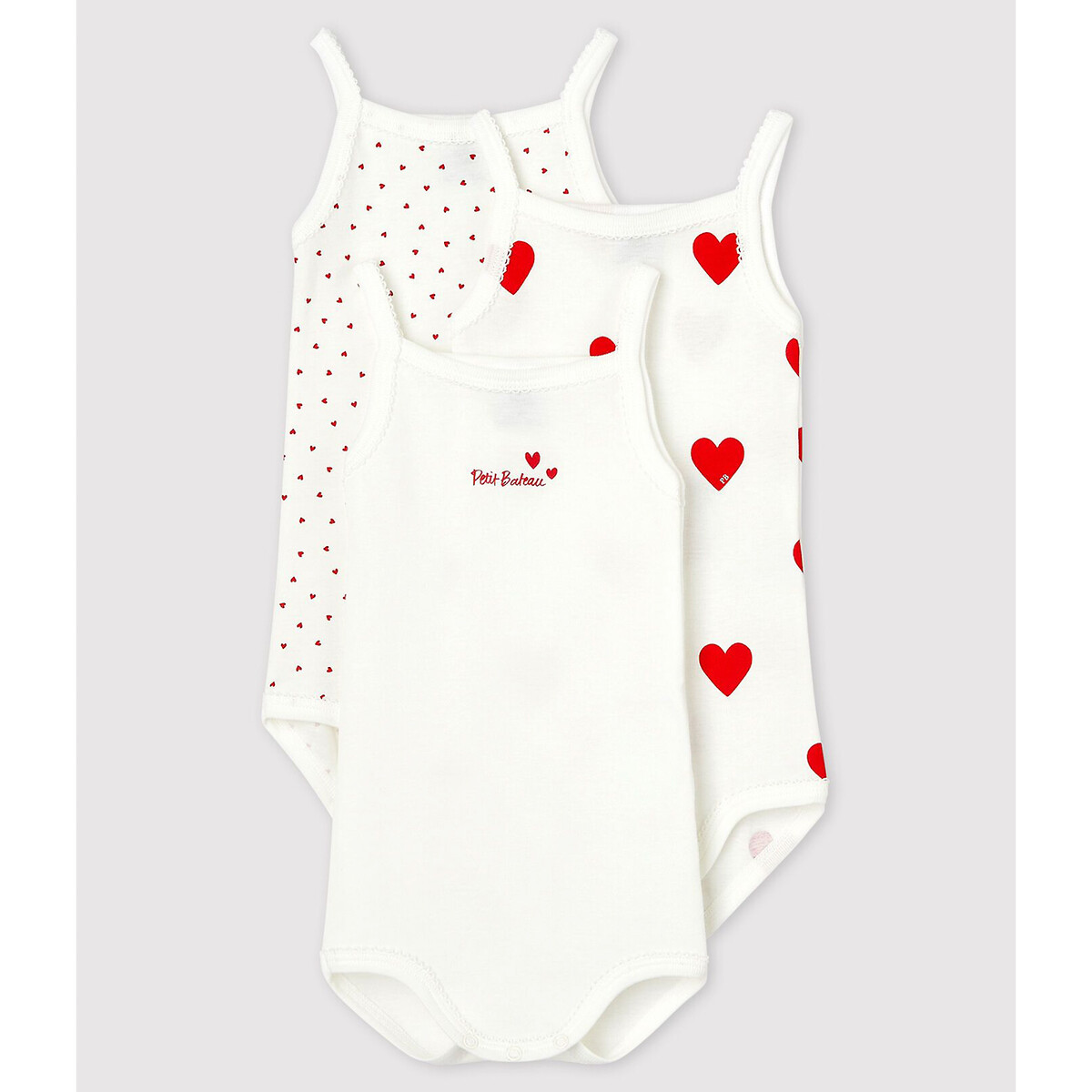 Lot de 3 bodies bretelles en coton coeurs rouges bébé - Petit Bateau - Taille 24 mois
