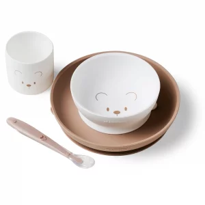 Set vaisselle enfant 4 pièces silicone - brun/blanc