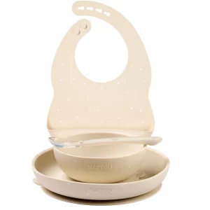 Set vaisselle avec bavoir 4 pièces silicone - beige