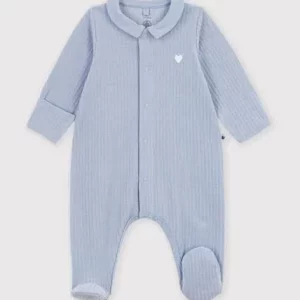 Petit Bateau Pyjama bébé en velours avec col uni - Bleu clair - Taille 12 mois