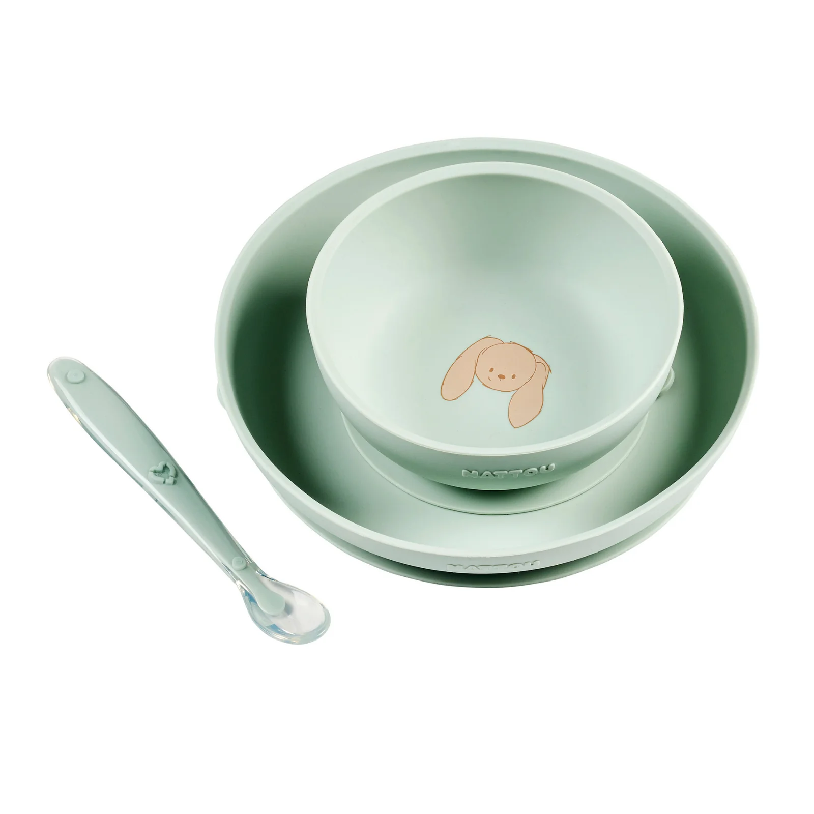 Nattou Set de Vaisselle en Silicone pour Enfants 3 Pièces avec Ventouse - Vert Tilleul