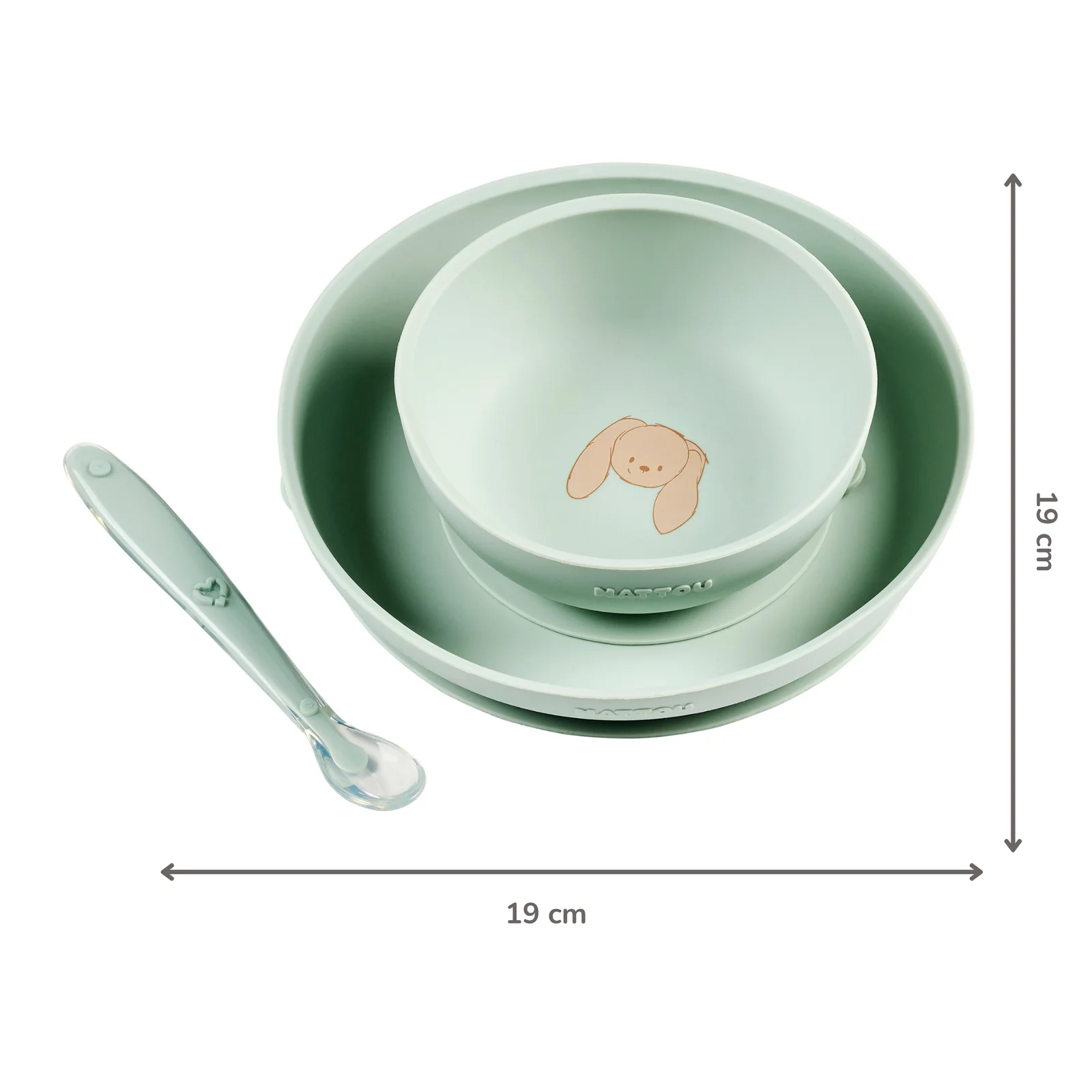 Nattou Set de Vaisselle en Silicone pour Enfants 3 Pièces avec Ventouse - Vert Tilleul – Image 5