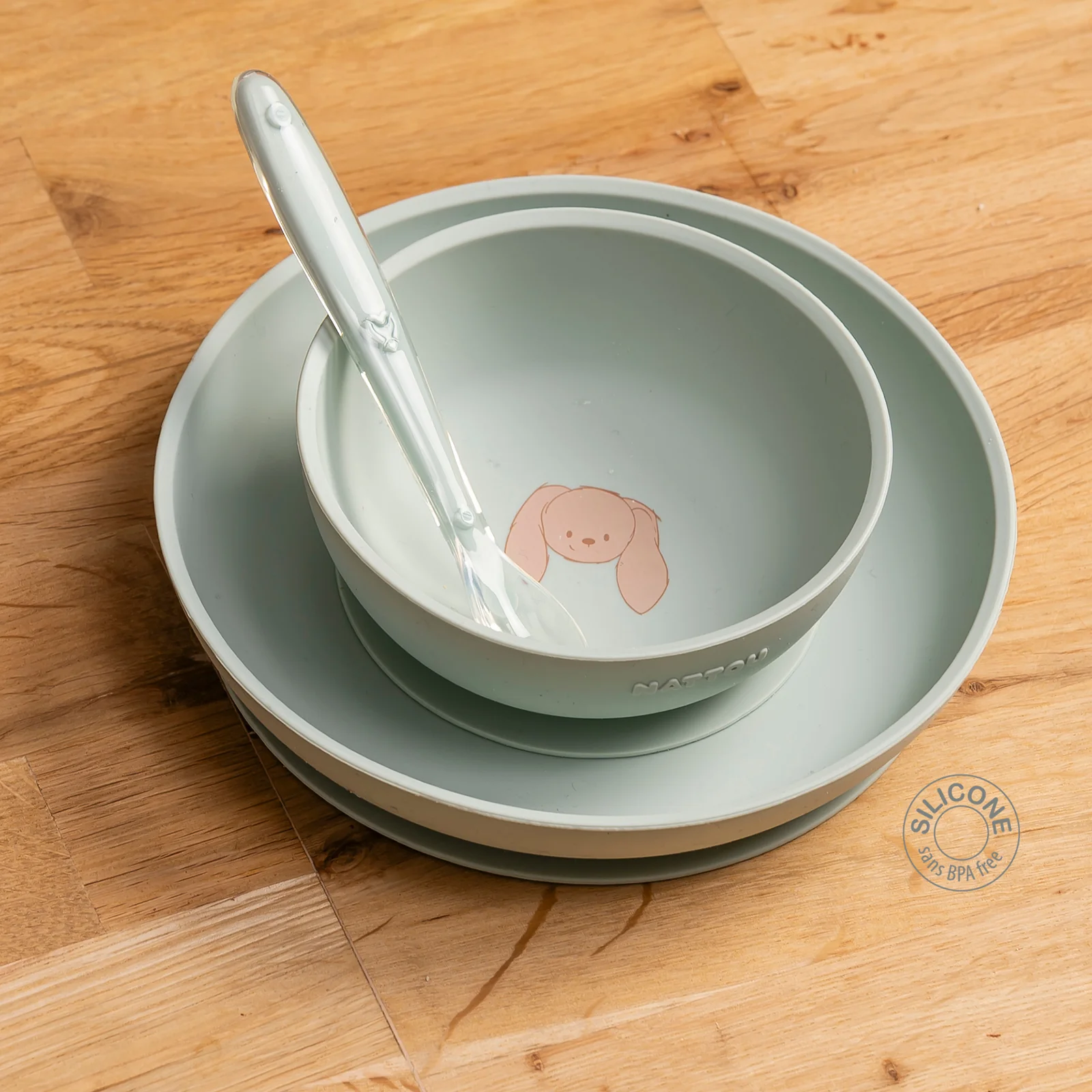 Nattou Set de Vaisselle en Silicone pour Enfants 3 Pièces avec Ventouse - Vert Tilleul – Image 6
