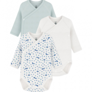 Petit Bateau Lot de 3 bodies naissance manches longues Renards, rayures vert d’eau et blanc - Taille 12 mois