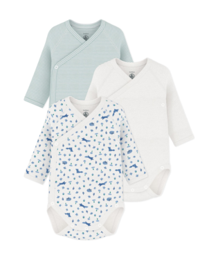 Petit Bateau Lot de 3 bodies naissance manches longues Renards, rayures vert d’eau et blanc - Taille 1 mois