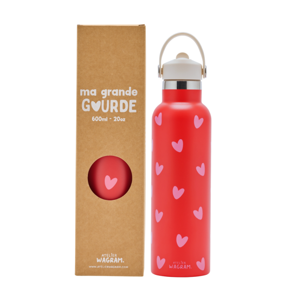 Atelier Wagram Gourde acier inoxydable rouge cœurs rose - 600ml