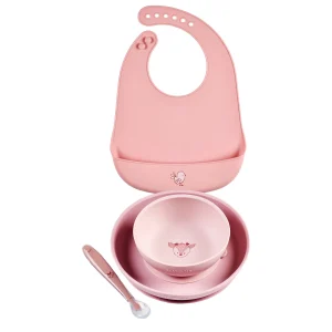 Set vaisselle avec bavoir 4 pièces silicone - rose
