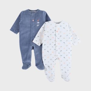 Noukie's Lot de 2 pyjamas bébé en velours - Dino fluo et bleu - Taille 6 mois