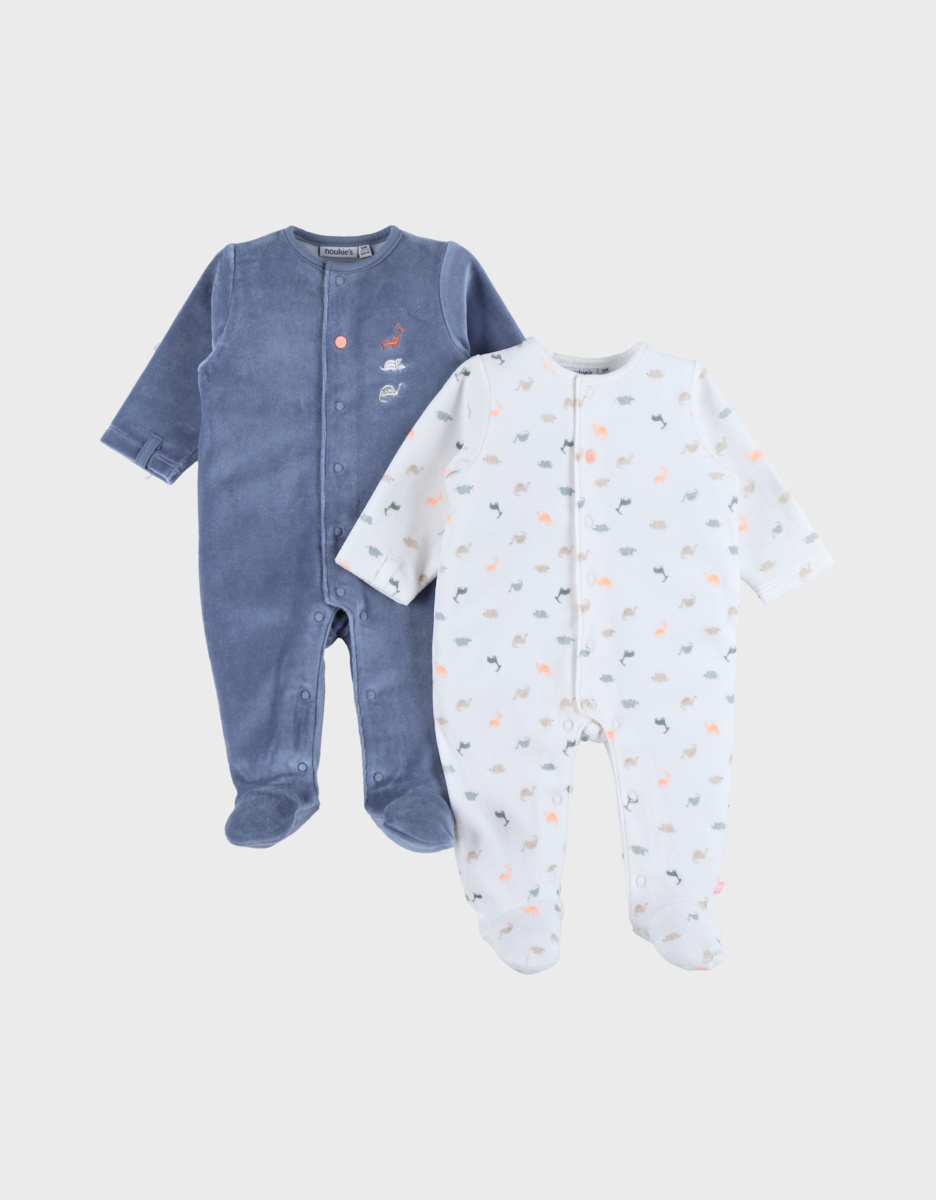 Noukie's Lot de 2 pyjamas bébé en velours - Dino fluo et bleu - Taille 1 mois