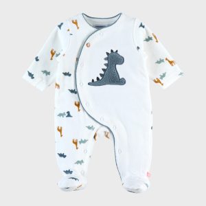 Noukie's Pyjama dinosaure en velours, blanc/bleu - Taille 0 mois