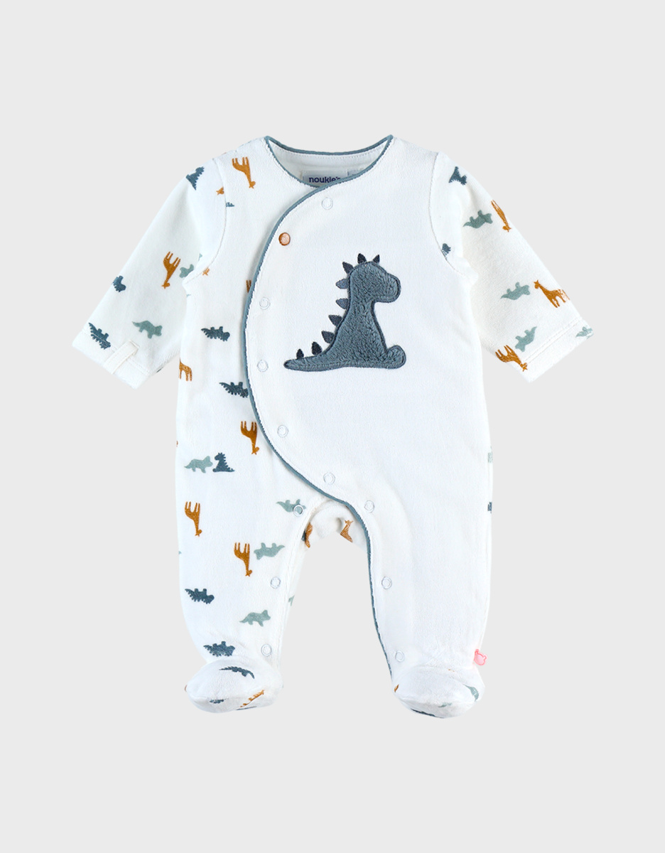Noukie's Pyjama dinosaure en velours, blanc/bleu - Taille 3 mois